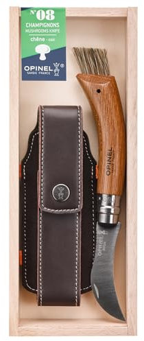 Opinel - N°08 Plumier pour Champignons + Gaine - Lame Courbée 8 cm Acier Inox, Manche Bois de Chêne - Dos Denté, Brosse Intégrée - Fabrication Française