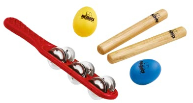 Nino Percussion NINOSET2 Sortiment Set (5-teilig) für Kindergärten, Krippen, Schulen/Musiktherapie inkl. Jingle Stick, Wooden Claves, Egg Shaker