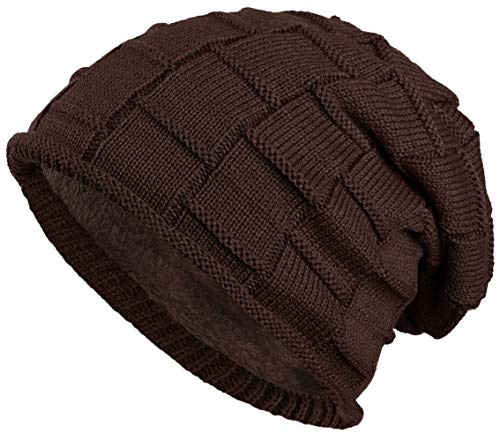 Varmfodrad mössa med Teddy Fleece Vintermössa Flätat Mönster En storlek för kvinnor & män Mössa (Mörkbrun)