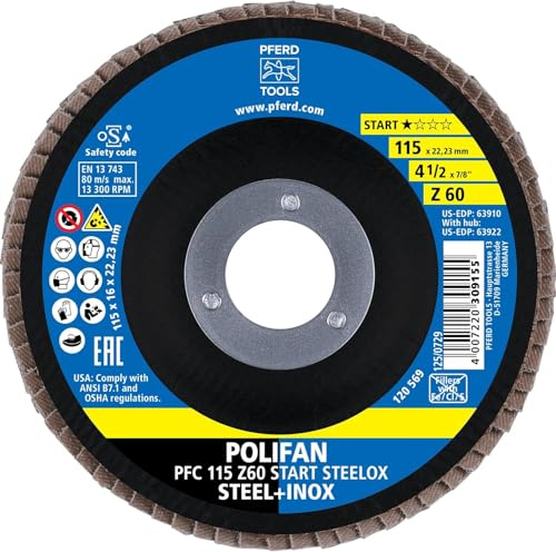 PFERD POLIFAN 69300937 - Disco a ventaglio, 10 pezzi, 115 x 22,23 mm, conico Z60, linea starter steelox | per acciaio, acciaio inox (INOX)