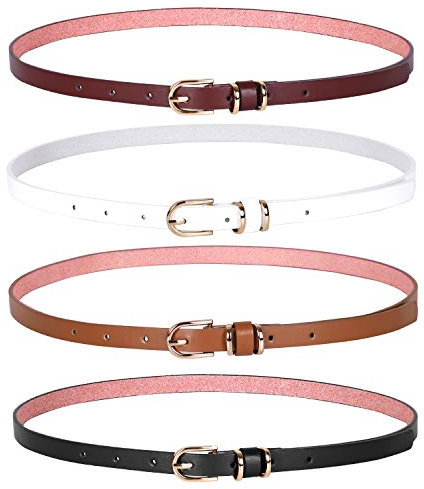 JasGood 4 Stück Damen Schmal Leder Gürtel PU, Extra Dünn Hüftgürtel, Gürtel Mehrfarbig Optional Stilvoll Taillengürtel für Jeans Kleid