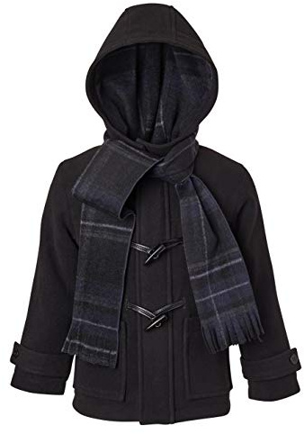 Cremson Boys Classic Wool Look Winter Duffle Toggle Jacket Dress Coat Scarf Hood - Black (Size 14)