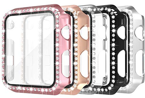 Simpeak 5 Pack Screen Protector Compatible with Apple Watch Series 3 38mm, Bling Case Replacement for iWatch Series 3 2 1, Hard Shockproof Anti-Scratch Shiny Cover, Rose Gold/Pink/Black/Silver/Clear