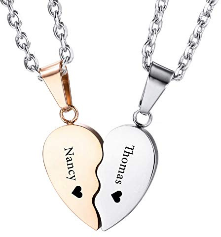 INBULE Personalisierte Herz Pärchen Halskette mit Wunschgravur von Name Datum für Paare Damen Herren Liebhaber Geburtsstein Edelstahl Verstellbare Kette Liebevolle Beziehung Puzzle Anhänger