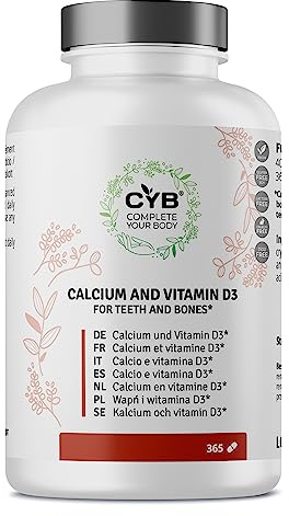 Calcium Hochdosiert + Vitamin D 800mg Calcium und Vitamin D3 CYB | 365 Tabletten, 6 Monate Vorrat, Tägliche Vegetarische Ergänzung, Glutenfrei, Laktosefrei, Laborgeprüft