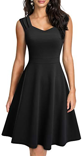 HOMEYEE Damen Vintage V-Ausschnitt Ärmellose Einfarbige Party A-Linie Sommerkleid A246 (S, Schwarz)