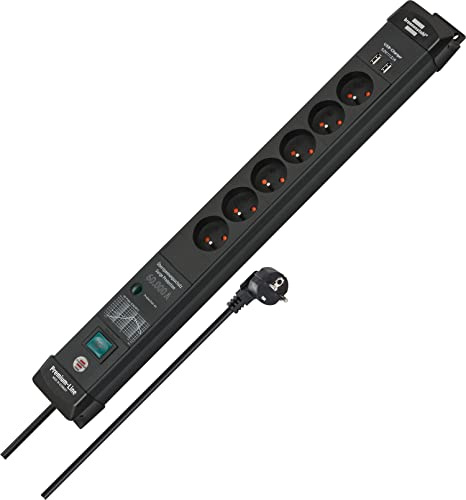 Brennenstuhl Premium-Line Steckdosenleiste 6-Fach mit Überspannungsschutz bis zu 60.000 A 3m Kabel, 2-Fach USB 3,1 A, Made in Germany französisches Stecksystem