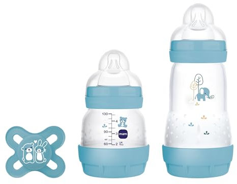 MAM, Newborn Baby Gift Set Includes: 1 x 130 ml Anti-Colic Bottle, 1 x 260 ml Anti-Colic Bottle, 1 x Original Start Pacifier, from 0 Months, Blue, Sold in Foreign Language