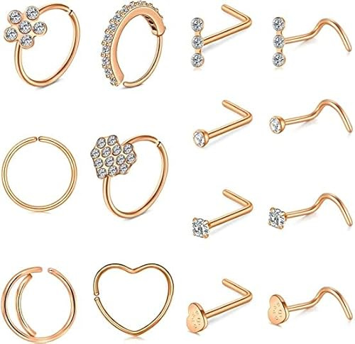 Mayhoop 20g Piercing Nariz L Forma Anillo Nariz Acero quirurgico Diamante Corazon Piercing Joyas para mujeres Hombres Oro rosa