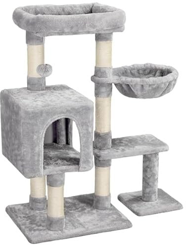 Abician Arbre à Chat, Tour de Jeu avec 6 Poteaux en Sisal, 3 Plateformes, Arbre à Grimper Griffoir en Bois avec Niche Hauteur 96cm, Gris Clair