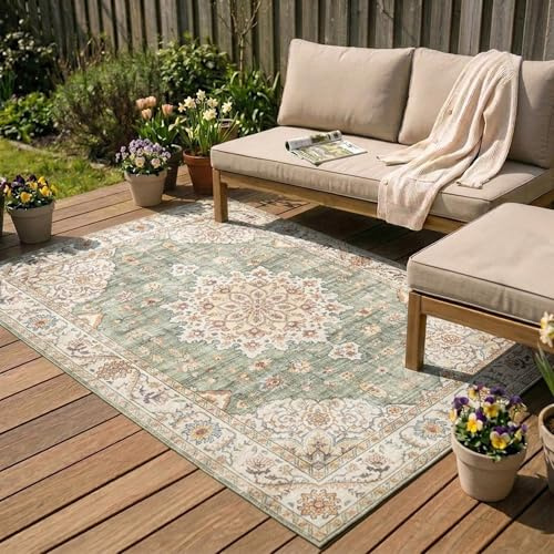 Vintage Gartenteppich - Santo Medaillon Grün - 80x150 cm | Wetterfest - Synthetik, Polyester - Balkon, Garten / Terrasse - Terrasse teppich - Outdoor rug