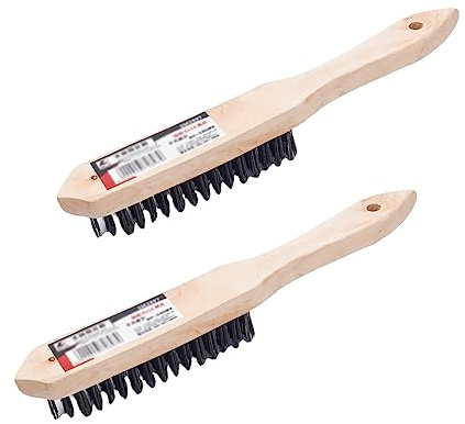 2 cepillo de alambre, cepillo de limpieza de acero de metal, cepillo de alambre resistente para arañazos de coche, eliminación de óxido y limpieza de escorias de soldadura (mango de madera)