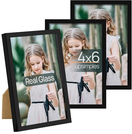 upsimples 4x6 Picture Frame Glass, Thin Border, Black Photo Frames, 3 Pack