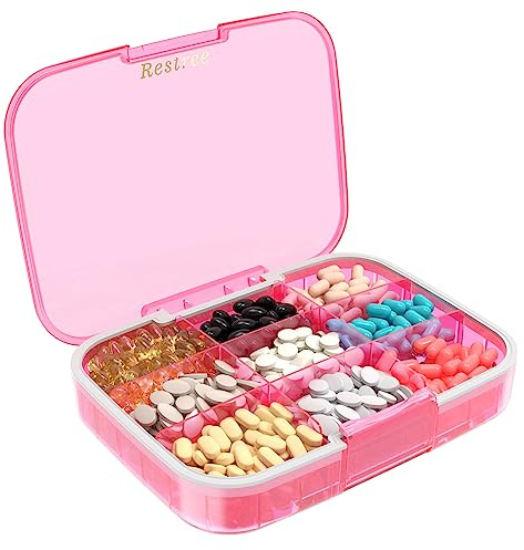 Restree Pill Organizer, Large & Waterproof Travel Pill Case, Adjustable Dividers for Daily Vitamins, Supplements, Fish Oil - Portable Medicine Box for Home & On-The-Go, 9 Compartment (Pink)