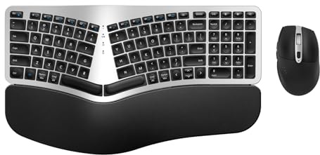 MK960 - Combo de teclado inalámbrico ergonómico, teclado de diseño dividido Bluetooth/2.4G con reposamuñecas y mouse inalámbrico ajustable de 4 niveles, multidispositivo, recargable, para