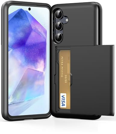 ACOCOBUY for Samsung Galaxy A55 Case with Card Holder Sliding Cover Hidden Pocket IDs Credit Cards Slot Heavy Duty Shockproof Protective Dual Layer Wallet Phone Cover Back Shell Men Women 6.6 Black