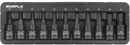 Gunpla 11pcs 3/8 Inch Torx Drive Impact Bits Socket Sets, Chrome Vanadium S2 Steel Star Heavy Duty Impacted Shallow Metric T10-T60 Bit Tools with Storage Tray