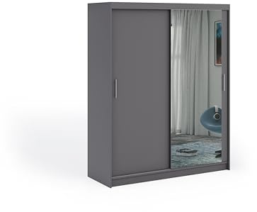 ELUKS OVI Double Sliding Doors Wardrobe with Mirror Furniture for Bedroom Living Room and Hall Wardrobe Organizer Width 100cm/120cm/150cm/180cm/200cm (Grey, 100cm)