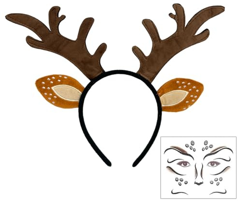 EUPSIIU Cerchietto con Corna di Renna, Fascia per Capelli con Tatuaggio Faccia di Cervo, per Carnevale, Halloween e Natale (Marrone)
