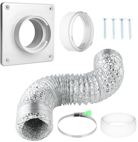 Kit de Ventilation de Sèche-linge, Tuyau d'évacuation en Feuille d'aluminium pour Sèche-linge, 1 x 2.51 m, avec Panneau de Ventilation Murale, Connecteur de Boucle, Adaptateurs, Anneau Fixe en INOX
