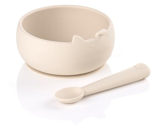 Jané Set Bol y Cuchara de Silicona con Ventosa, Libre BPA, Apto Microondas y Lavavajillas, Vajilla Bebé, Beige