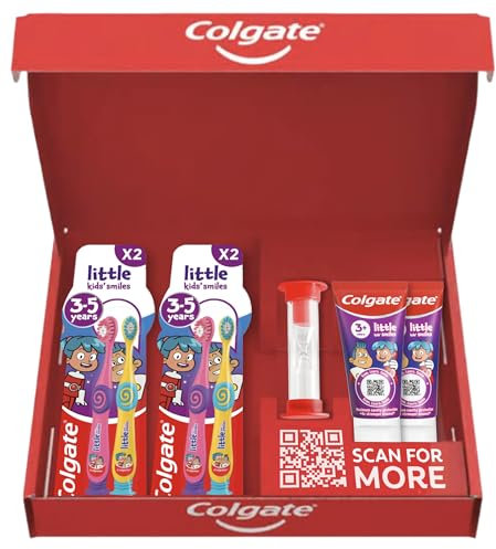Colgate Kids Toothpaste Set 3+ Years with 2X Colgate Little Kids' Smiles Toothpaste 50ml, 4X Colgate Kids Toothbrushes 3-5 Years and a 2 Minute Timer - for 4X Stronger Enamel* - Super Soft bristles