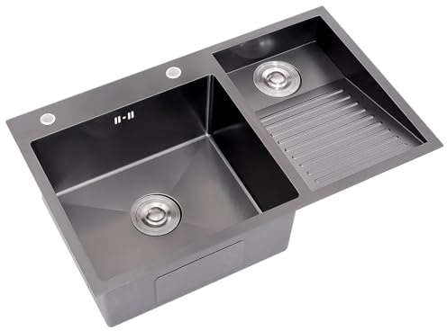 Schwarzes SUS-Waschbecken Mit Partikeloberfläche, Silbernes Waschbecken, Mit Integriertem Waschbrett, Doppelwaschbecken Für Den Haushalt, Mit Abflussset, Für Balkon, Keller(Black-B,70x48x22cm)