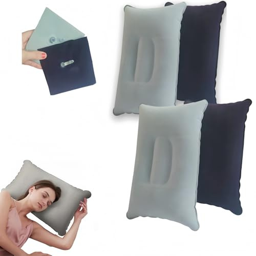 NOLACE Lot de 4 coussins gonflables pour camping, voyage, camping, dormir - Ultra légers - Flocage - Coussin de plage - 2 pièces bleues + 2 pièces grises