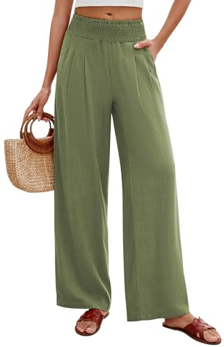 PASUDA Pantalones Mujer Verano de Algodón Lino Cintura Alta Elástico Casual Suelto Cómodos Flojo Playa Anchos Largos