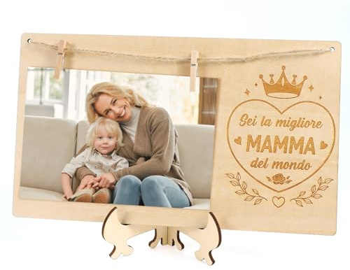 DPKOW Idee Regalo Festa della Mamma Cornice Portafoto con Mollette Legno, Cornice Porta Foto Regalo Mamma Compleanno Natale Madre Regali Originali