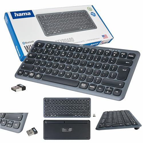 Hama Wireless Tastatur WK-500 Schwarz-Grau (Polnisches QWERTY Layout, Multi-Device, Bluetooth, Klein, mit Batterie, geräuscharm, Multimedia-Tasten, Batterie)