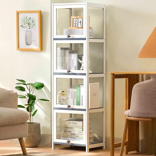 Curio Vitrine mit Bambusrahmen, mit Acrylgehäuse und Glasdisplay, modernes Bücherregal mit hoher Kapazität, Stauraum und Klapptür, schnelle Installation, 140 x 40 x 32 cm