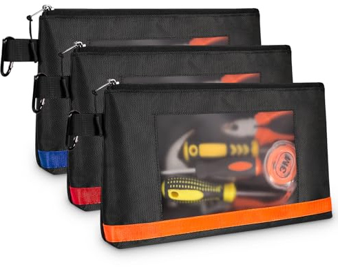 KENOBE Pack of 3 Tool Bags (33 x 20 x 5.1 cm), Tool Pouch Bag with Zip | Robust Small Tool Bag with Visible Window, Portable Bag for Tools, Red/Orange/Blue