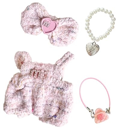 17cm Puppenkleidung Modische Puppenkleidung Zubehör Set mit 1 Rosa Overall 1 Schleife Haarspange 1 Herz Halskette 1 Tasche für Mädchen Kinder Geschenke, Ohne Puppe