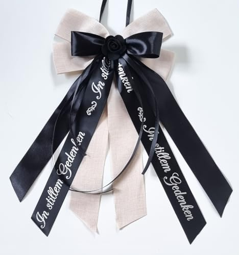 CaPiSo 20x35cm OHNE BASTELN Jute Fertigschleife ohne Basteln Satin-Schleife Trauerschleife Autoschleife Grabschleife Grab Beerdigung Kranzschleife Trauerkranz Trauerstrauß (Trauerschrift Creme)