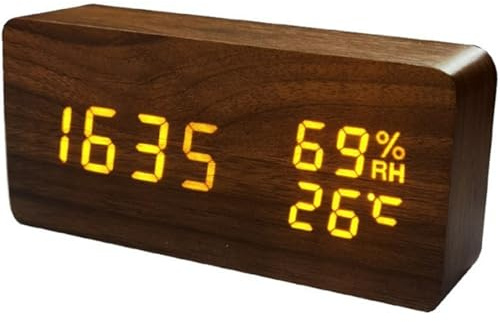 Hbbgdiy Digital Clock 6x3 Inch Wooden LED Alarm Clock with Thermometer and Hygrometer, 2000mAh, USB Rechargeable, 3 Levels Lighting, Sound Activated, for Bedroom Office Desk