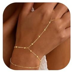 BelleVive Handkedjearmband för kvinnor, 14 karat äkta guldpläterad, delikat, stapelbart armband med gemlänkar, handkedjearmband, ring, guldarmband för kvinnor, trendiga