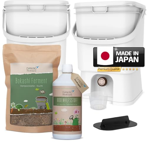 Bokashi Eimer Starterset - Japanisches Design - 2 Eimer + Bokashi Ferment + EM aktiv + Bokashi Broschüre (Weiß)
