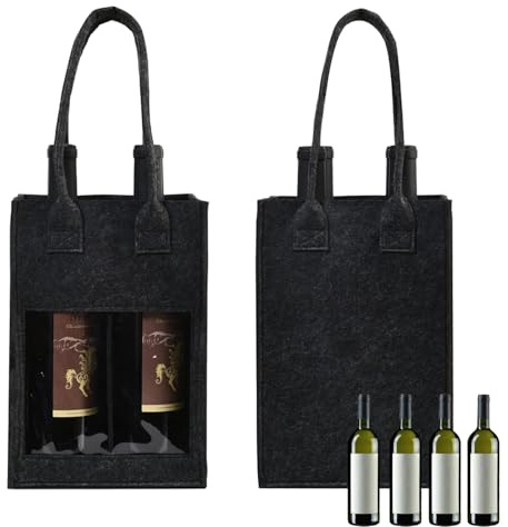 Filz-Weinflaschen-Geschenktasche für 4 Flaschen, Weintragetasche mit Fenster, auslaufsicher, Filz-Flaschenhalter mit Griff, tragbar, wiederverwendbar, für Champagner, Bier, Getränke, Wasser, 2 Stück