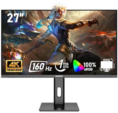 Gawfolk 27 inch IPS PC Screen, 4K Gaming Monitor 160Hz, 1ms, FreeSync, 100% sRGB, 178° Wide Viewing Angle, HDMI 2.1, DisplayPort,Height-Adjustable and Swivel,75 * 75MM Wall Mount Compatible - Black