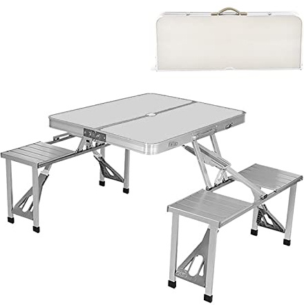 Juego de mesa de camping plegable portátil, mesa de picnic de aluminio con 4 taburetes, diseño de una sola pieza para barbacoa al aire libre, jardín, fiesta en casa y uso en el campo (plateado)