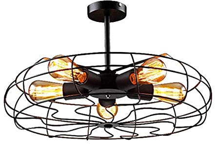 OZBME Fan Chandelier, Industrial Retro Wrought Iron Cage Semi Flush Mount Barn Ceiling Lamp Vintage Black Painted Finish Pendant Light Fixture for Dinning Room Loft Aisle 5 Lights