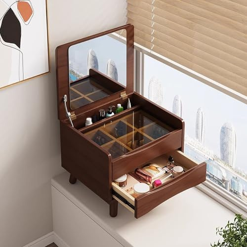 LLZJDDPLY Toilette da Trucco Piccola In Legno Massello, Toeletta Trucco Compatto, Tavolino da Letto, Piano In Vetro e Cassetti, per Finestra a Bovindo, Camera da Letto(Brown)