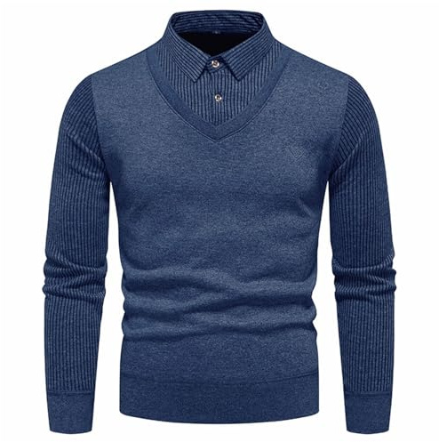 Herrtröja med fuskskjorta krage – 2-i-1 Slim Fit V-ringad stickad tröja, vinter varm långärmad ledig cardigan tröja, skjorta krage rock pullover för män, BLÅ, XXL