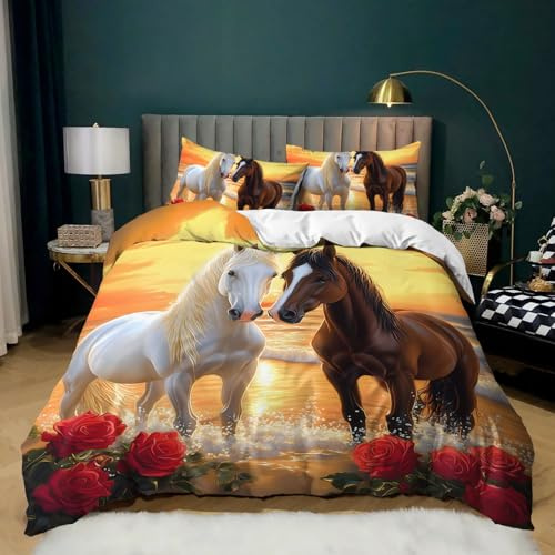 AILONEN Horse Duvet Cover Set for Bedroom Decor, Queen Size,Brown & White Horses Bedding Sets for Kids Teens Adults,3D Farm Animal Comforter Cover,3-Piece,1 Quilt Cover + 2 Pillowcase,Soft Microfiber