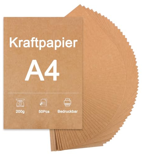 50 Stück Kraftpapier A4 - Papier 200g Brown Natural Craft Card, Kraftkarton zum Bemalen, Bastelpapier Bedrucken, Einladungen, Speisekarten, Bastelarbeiten, DIY Karten