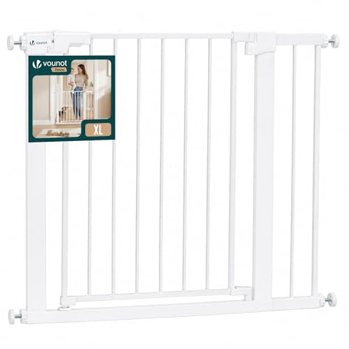 VOUNOT® Treppenschutzgitter ohne Bohren 89-96 cm, Metall Treppengitter Türschutzgitter für Kinder und Hunde, 76 cm hoch, Auto-Close, Doppelverriegelung, Beidseitige Einhand Öffnung, Weiß
