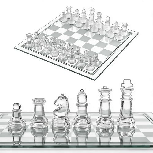 Schackspel i frostat glas, 25 × 25 cm bärbart reseschack, högkvalitativt schackspel för alla åldrar för schackälskare och heminredning, elegant glassschackset