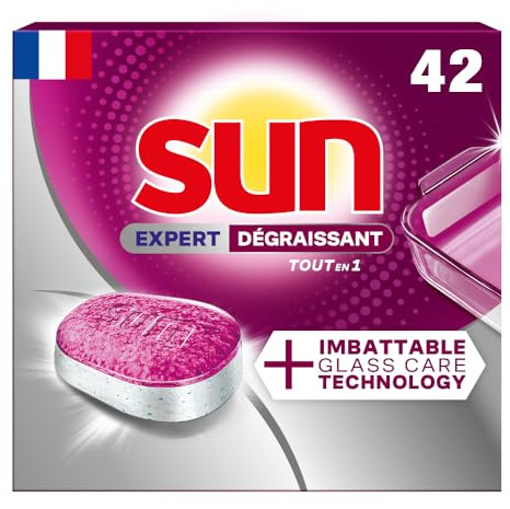 Sun - Tablettes Lave-Vaisselle, Tout-en-1, Expert Dégraissant, 42 Pastilles | Élimine les taches incrustées de plus de 72h, technologie Glasscare pour la brillance, efficace en cycle éco sans prérinçage