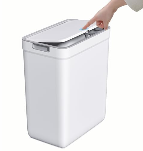MOPUP Badezimmer-Mülleimer mit Deckel, 12.7 Liter/2,8 Gallonen, schmaler Mülleimer, Druckknopfdeckel, geeignet für Badezimmer, Schlafzimmer, Büro, Wohnzimmer (Weiß)